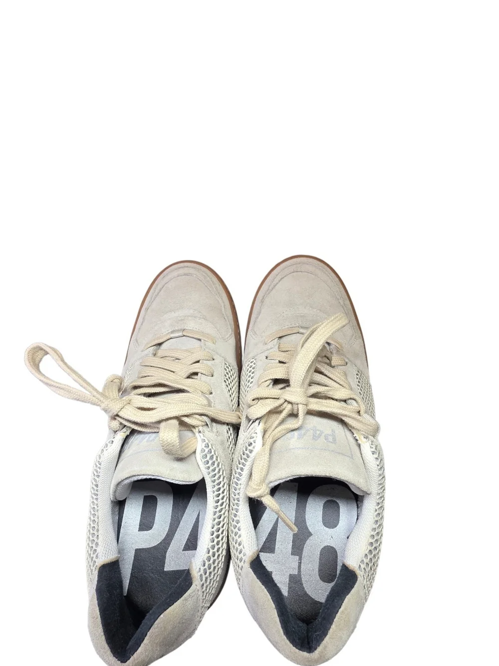 P448 Monza Sand Mesh Suede Low Top Sneakers Beige Tan Gum Sole EUC Size 40